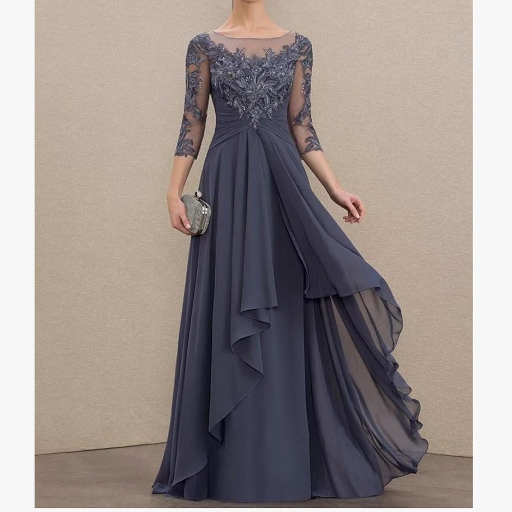 Elegant Stormy-Blue Chiffon & Lace Maxi Dress